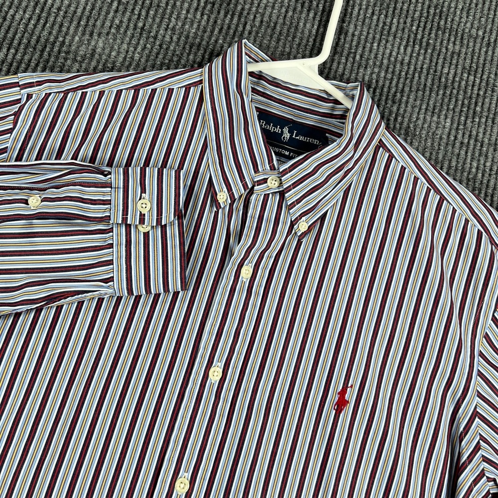 Ralph Lauren Shirt Mens 16.5 Blue Red Striped Long Sleeve Button Down Custom Fit